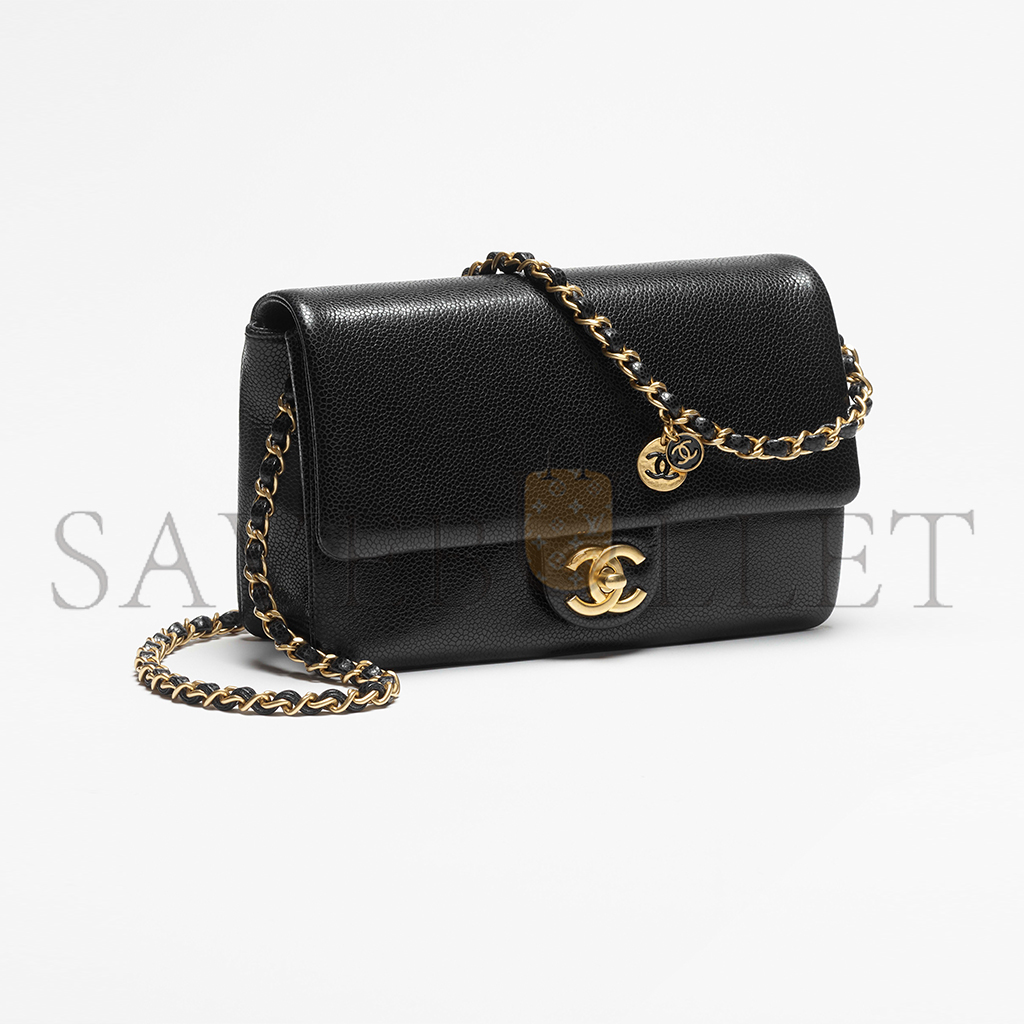 Ch*el small flap bag grained shiny calfskin & gold-tone metal as5186 (23*15*8cm)